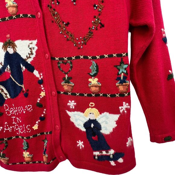 Quacker‎ Factory Red Holiday Christmas Folk Art Angels Cardigan Country Med - Picture 6 of 8